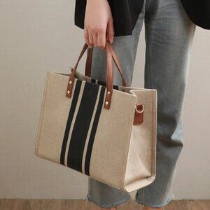 Black Brown Stripe Purse Tote Shoulder Bag Purse Rectangle Zipper Pockets Strap